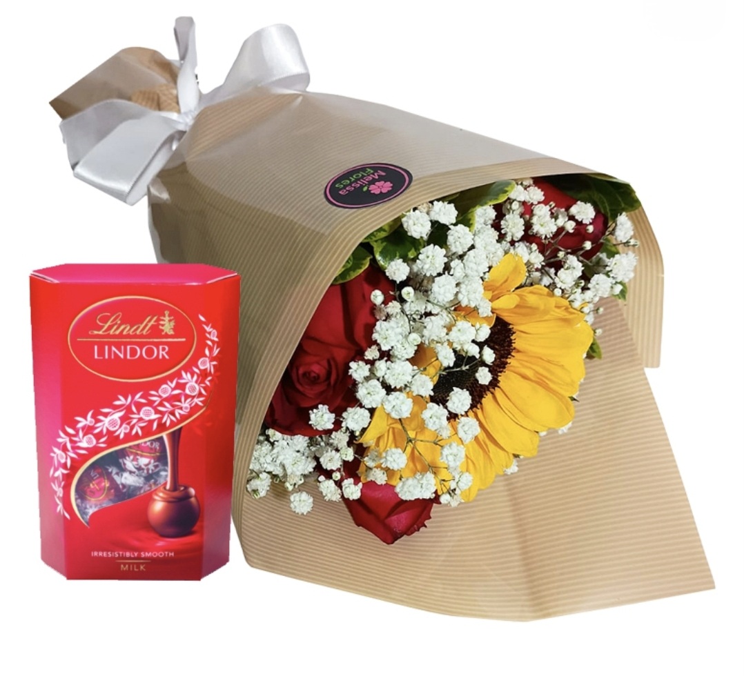 Buqu� de Rosas com Girassol e Lindt