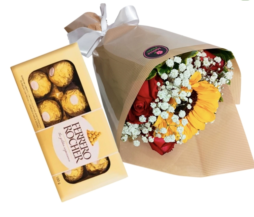 Buqu� de Rosas com Girassol e Ferrero